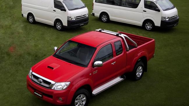 The 2004 to 2015 Toyota HiLux ute (front) and Toyota van and commuter bus (rear) the counterfeit brake pads are designed to fit. Picture: Supplied.