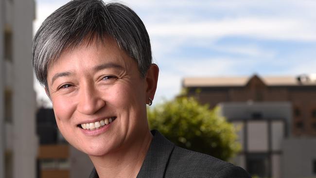 6/3/19 - Penny Wong.Teresa Palmer, Erin Phillips, Vicky Chapman and Penny Wong are editing the paper for International Women's day. Pictured at conference table and then a set up on the roof. Photo - Naomi Jellicoe