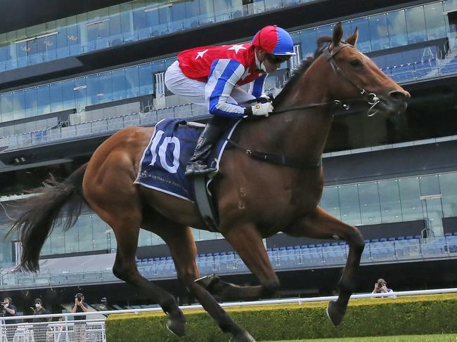 SYDNEY, AUSTRALIA - OCTOBER 02: Andrew Adkins on Fox Fighter wins race 1 the Midway Handicap during Sydney Racing on Epsom Day at Royal Randwick Racecourse on October 02, 2021 in Sydney, Australia. (Photo by Mark Evans/Getty Images)