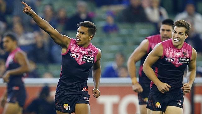 Demon Jay Kennedy-Harris celebrates one of his two goals. Picture: Michael Klein