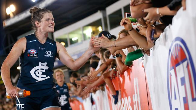 New Carlton AFLW captain Brianna Davey high-fives fans last season. Picture: Getty Images