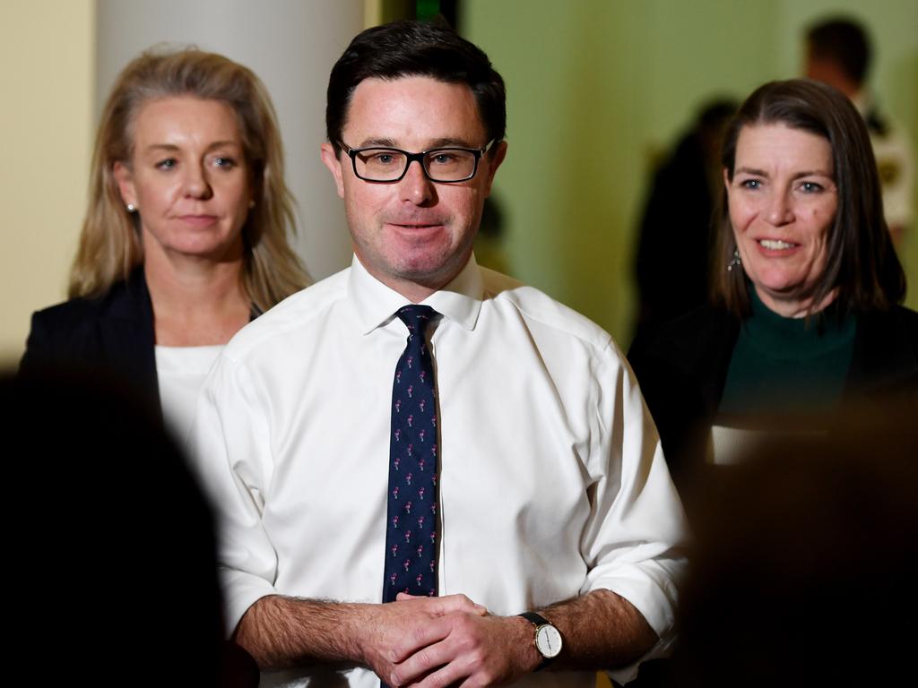 CANBERRA, AUSTRALIA - NewsWire Photos - May 30 2022: Nationals party leader David Littleproud (C) with Bridget McKenzie (L) and Perin Davey speak to media after the Nationals Party Room Meeting  at Parliament House in Canberra. Picture: NCA NewsWire / Tracey Nearmy