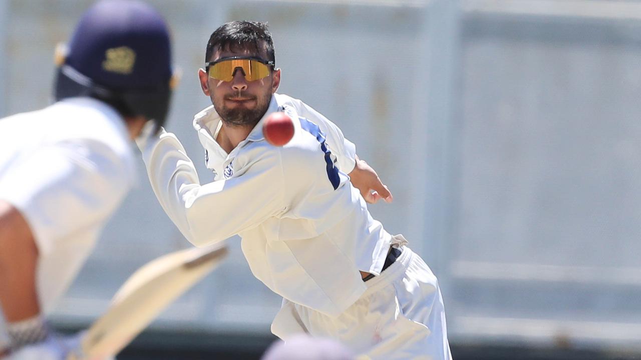 Geelong’s Danesh Mehta bowls to Dandenong batsman Max Marinic at Kardinia Park. Picture: Mark Wilson