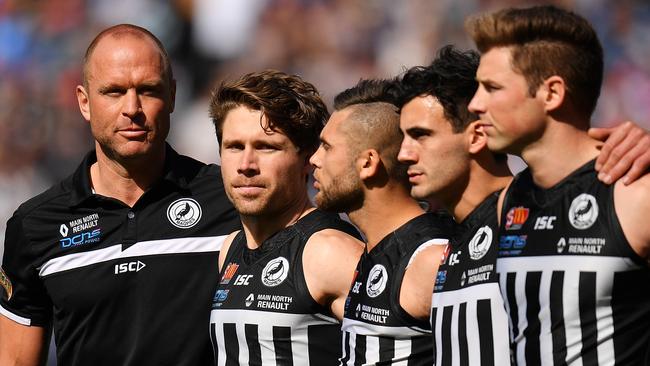 Steven Summerton (second from left) with his Port Adelaide teammates before the 2017 SANFL grand final. Picture: Daniel Kalisz/Getty Images