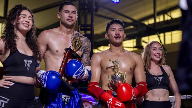 Aaron Phan (red) lost to Shaun Rundle (blue) in the first fight of the card. Picture: Pema Tamang Pakhrin