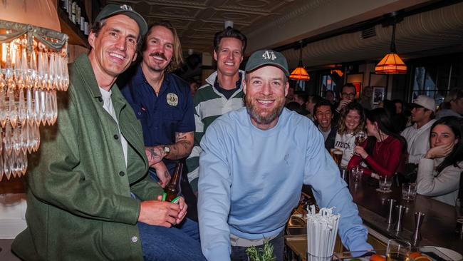 L-R: Andy Lee restaurateur Eddy Buckingham, former AFL player Nick Stone and Hamish Blake. Picture: Matt Davies