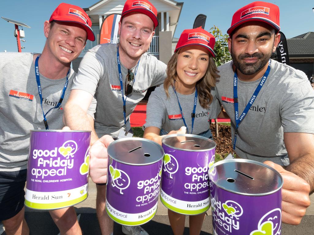 GOOD FRIDAY APPEAL CHARITY HOUSE NO-RESERVE AUCTION in Wollert. Tin rattlers James Beresford, Alexander Charles, Monique Trajkov and Wasim Kalam. Picture: Tony Gough