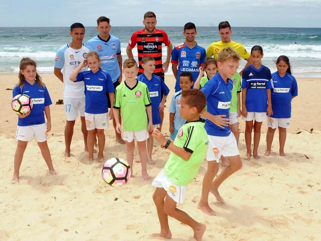 A-League stars help launch the A-League Summer of Football at Maroubra Beach.