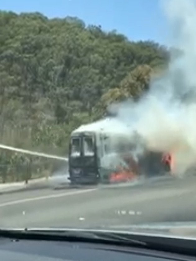 A vehicle fire on the South-Eastern Freeway has reduced traffic to a snail’s pace . Picture: Andrew Hough