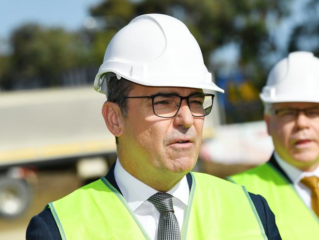 South Australian Premier Steven Marshall speaks to the media during a sod turning ceremony of the new Mitsubishi national headquarters in Adelaide, Thursday, May 7, 2020. (AAP Image/David Mariuz) NO ARCHIVING