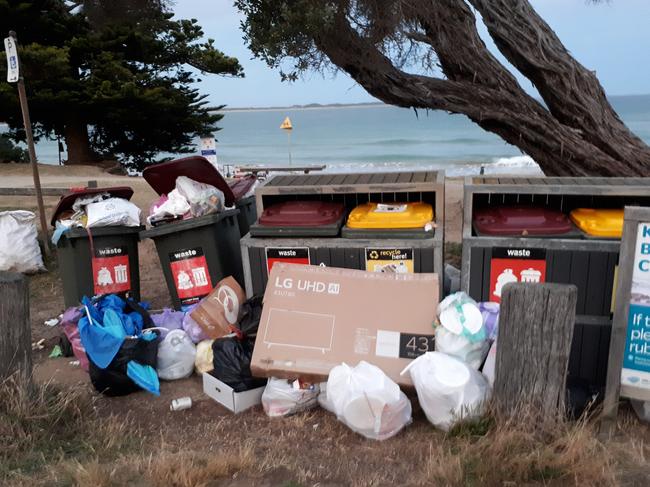 Overflowing rubbish at public bins in Torquay on Christmas Day. Picture: Torquay Rubbish Rangers/ Facebook