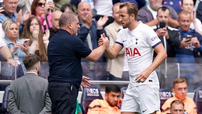 Tottenham Hotspur's Harry Kane with manager Ange Postecoglou after being substituted during the pre-season friendly match at the Tottenham Hotspur Stadium, London. Picture date: Sunday August 6, 2023. (Photo by Yui Mok/PA Images via Getty Images)