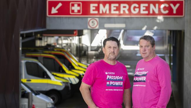 HACSU delegate and paramedic Cam Johnson and State Secretary Robbie Moore at the RHH. Picture: Chris Kidd