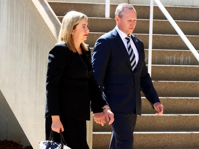 Premier Annastacia Palaszczuk and minister Mick de Brenni at the memorial service with full police honours for constables Rachel McCrow and Matthew Arnold at Brisbane Entertainment Centre. Picture: David Clark