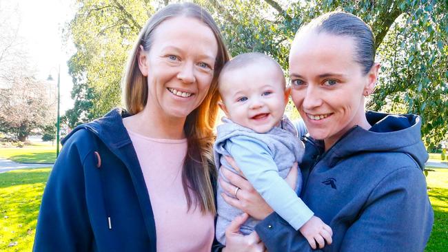 Tassie's cutest bub winner Ari Bezemer-Mahoney, five months, at City Park in Launceston with parents Erin Bezemer and Kayla Mahoney of Norwood. Picture: PATRICK GEE