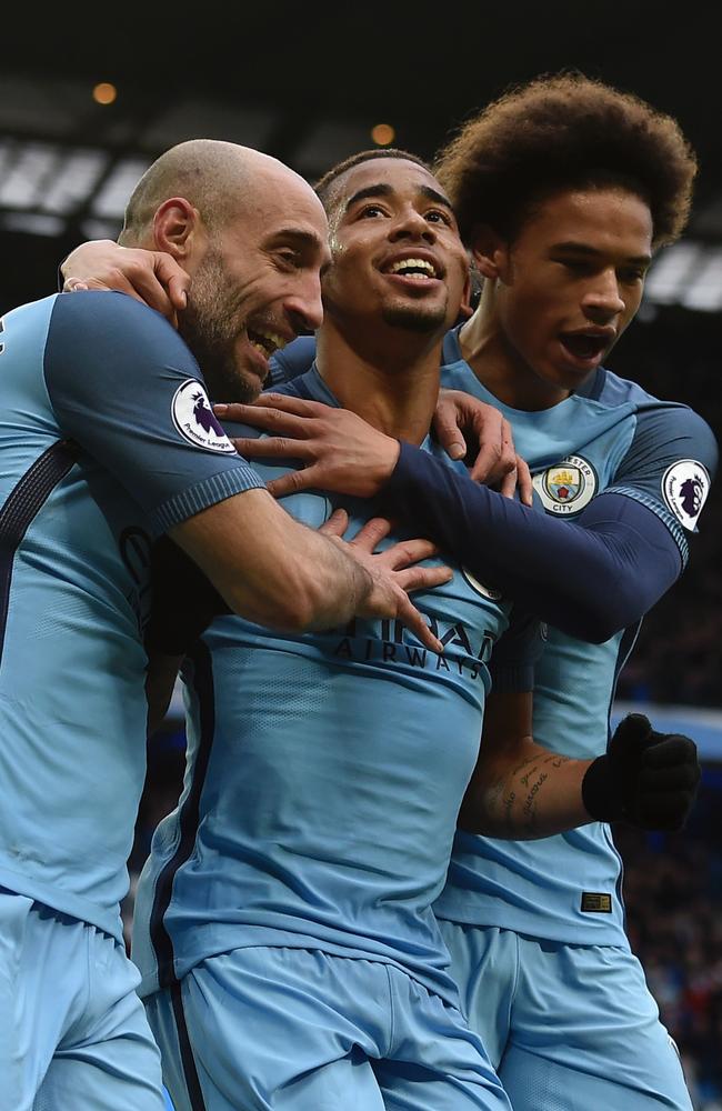 Manchester City's Brazilian striker Gabriel Jesus celebrates.