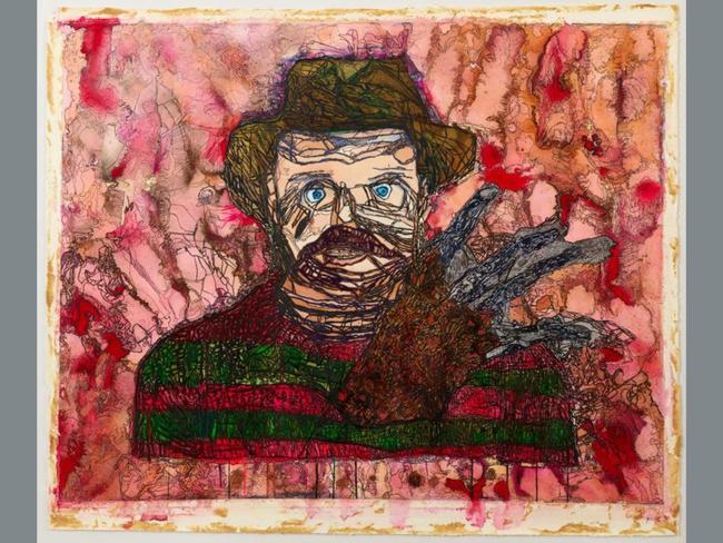 His face like my face – self-portrait as Robert Englund playing Freddy Krueger by Mathew Calandra depicts Freddy Krueger from the 1984 film A Nightmare on Elm Street. Calandra said it is “one of my favourite movies”. Picture: Mathew Calandra, Archibald 2025, Photo: Art Gallery of New South Wales, Jenni Carter