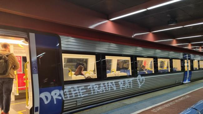 An Adelaide Metro train has been vandalised with profanities ahead of planned strike action. Picture: Supplied