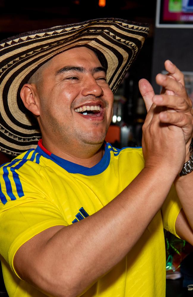 Boisterous Colombian supporters watching their national side take on Argentina in the 2024 Copa America Final at the Lost Arc, Darwin. Picture: Pema Tamang Pakhrin.