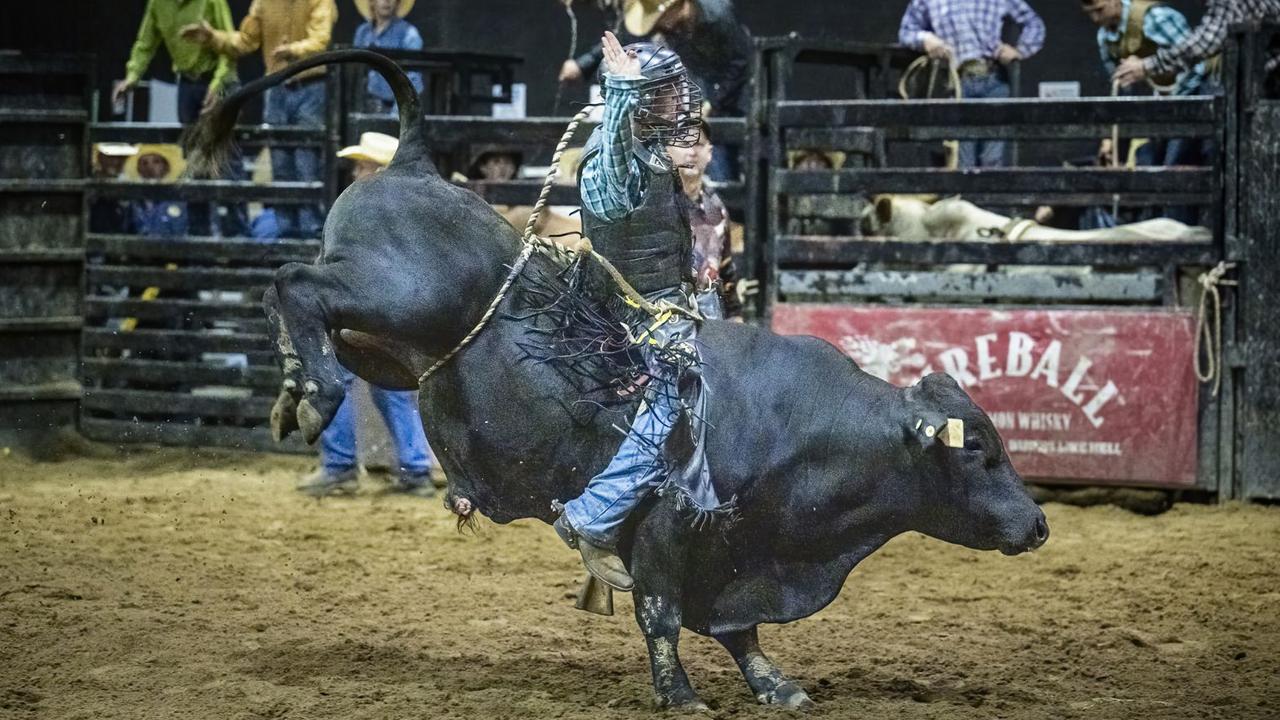 Cooper McConnell bull riding at the Great Western Hotel. Picture: ASHJO Photography