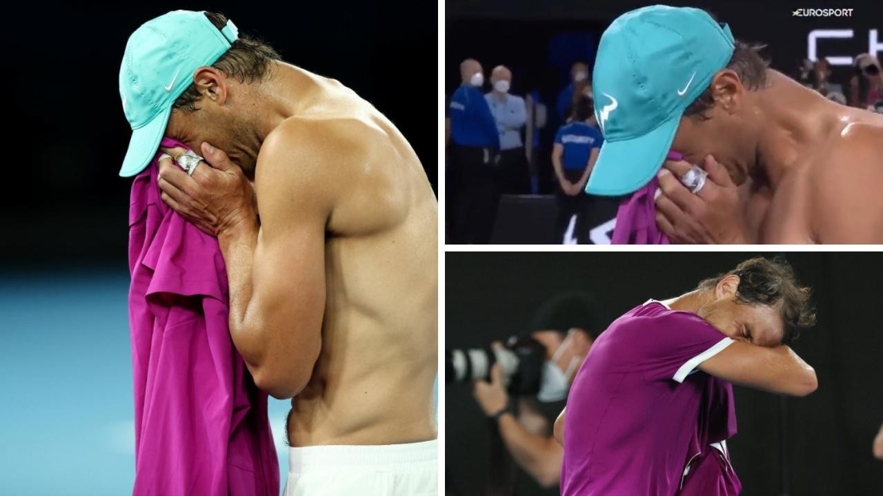 Rafael Nadal breaks down after match point. Photo: Twitter.