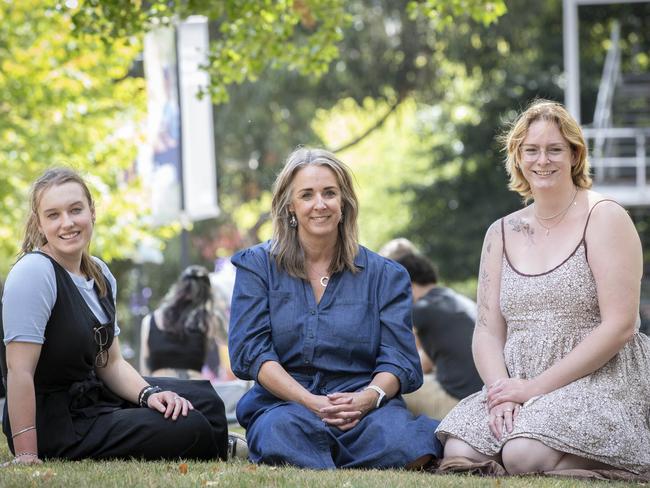 Marine Antarctic Science 3rd year student Grace Oxenham, Director Tasmania Engagement Leanne Arnott and Bachelor of Social Work 3rd year student Annabelle Smith at UTAS Sandy Bay Campus. Picture: Chris Kidd