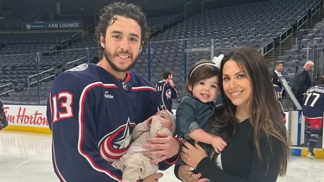 Ice hockey star Johnny Gaudreau (pictured with wife and two kids) and his young brother have died after being struck by a car.