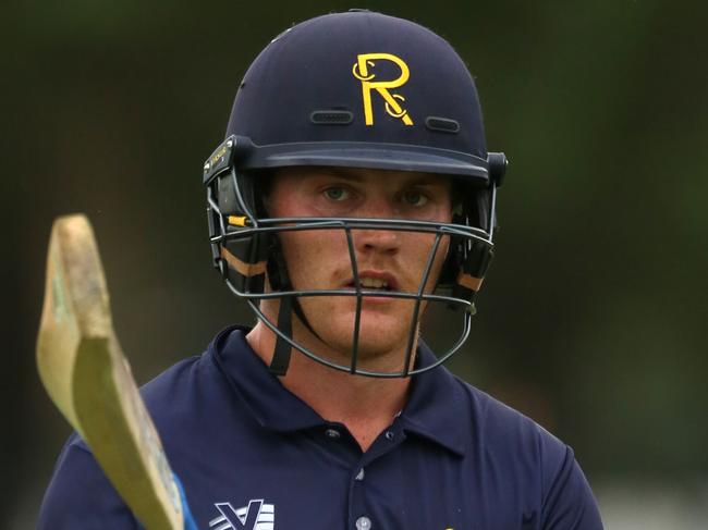 Premier Cricket: Ringwood v Northcote played at Russell Lucas Oval in Ringwood.Ringwood Batsman Tom Rogers leaves the field not out for 181 as Ringwood scored 4-318.Picture: Stuart Milligan