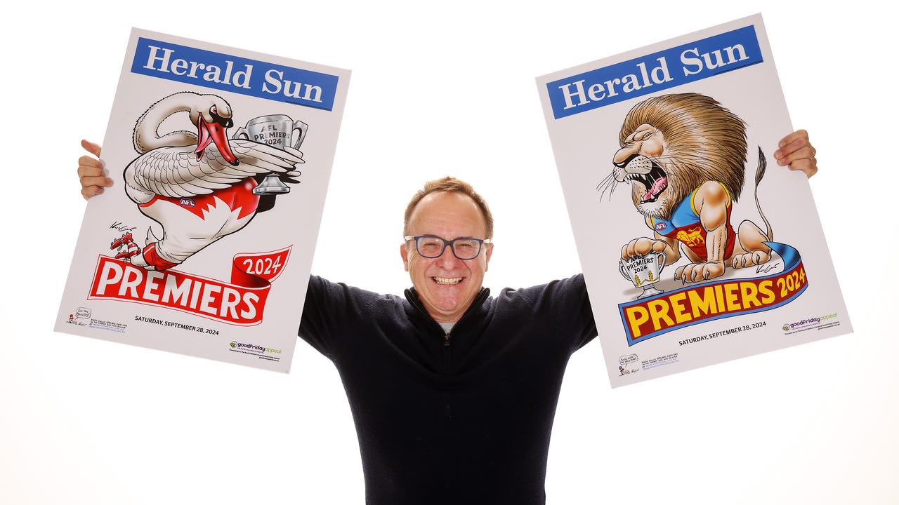 Herald Sun cartoonist Mark Knight  with his 2024 AFL Premiership Posters of the Sydney Swans and the Brisbane Lions. Picture: Ian Currie