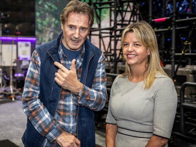 Liam Neeson speaks with VicScreen CEO Caroline Pitcher. Picture: Jake Nowakowski