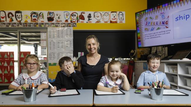 Rebecca Brady and students Remi Follett, Oliver Hawkins, Imogen Ralston and Angus Priest. Picture: Sean Davey