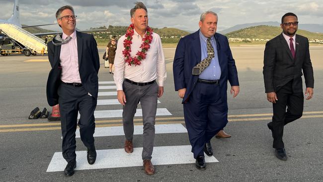 Australian high commissioner Jonathan Philp, Defence Minister Richard Marles, PNG Foreign Minister Justin Tkatchenko and his first secretary Tokana Hasavi Jr at Jacksons International Airport in Port Moresby on Wednesday.