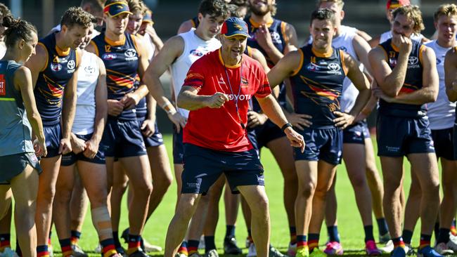 Crows coach Matthew Nicks addresses his players at pre-season training. Picture: Mark Brake