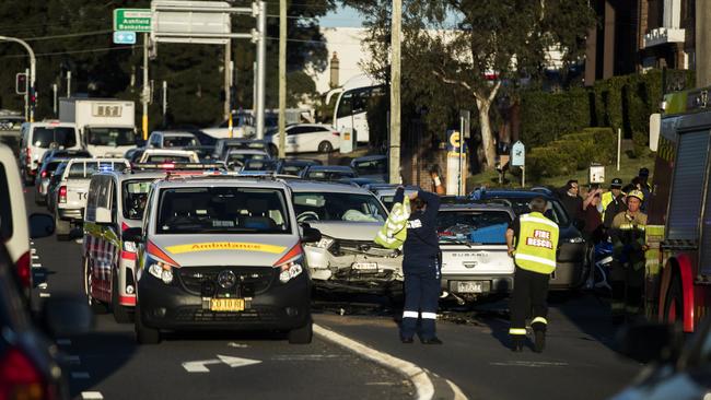 An accident on the westbound lane of Parramatta Road on Monday afternoon means traffic is significantly backed up exiting the city. Picture: Dylan Robinson