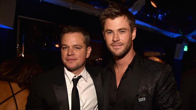 BEVERLY HILLS, CA - JANUARY 07: Actors Matt Damon (L) and Chris Hemsworth attend Amazon Studios' Golden Globes Celebration at The Beverly Hilton Hotel on January 7, 2018 in Beverly Hills, California. (Photo by Alberto E. Rodriguez/Getty Images)