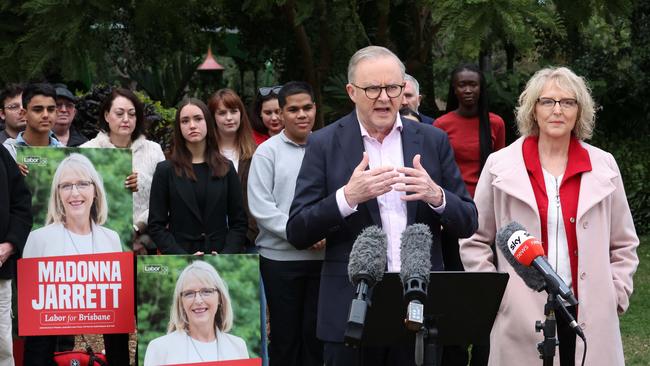 Prime Minister Anthony Albanese with Labor candidate for Brisbane Madonna Jarrett. Picture: Liam Kidston/NewsWire