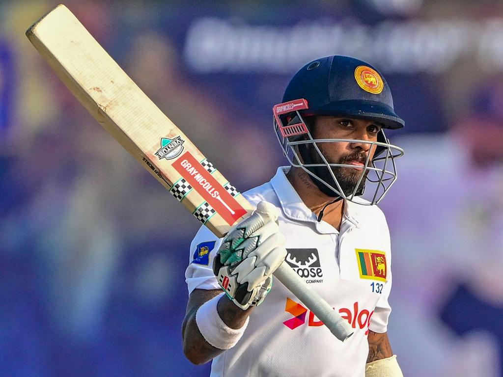 Sri Lanka's Kusal Mendis celebrates after scoring a half-century. Picture: AFP