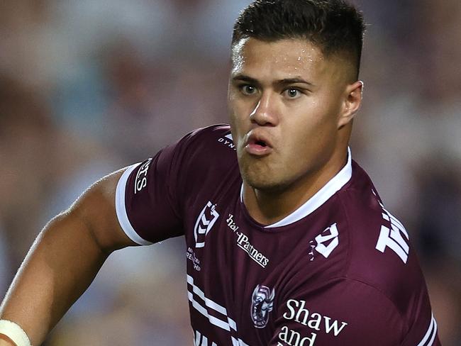 SYDNEY, AUSTRALIA - MARCH 16:  Josh Schuster of the Sea Eagles passes the ball during the round three NRL match between Manly Sea Eagles and Parramatta Eels at 4 Pines Park on March 16, 2023 in Sydney, Australia. (Photo by Cameron Spencer/Getty Images)