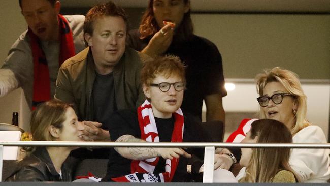 Ed Sheeran watched the Saints take on the Demons at Marvel Stadium.