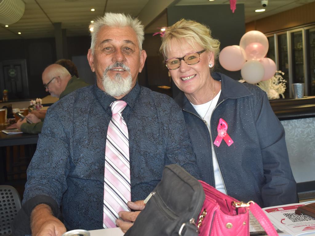 Steve and Tanya Holloway at the Rockhampton Jockey Club's Pink Ribbon Stradbroke Charity Race Day at Callaghan Park on June 15, 2024.