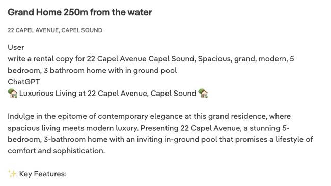 22 Capel Ave, Capel Sound, listed for $950 a week had some unexpected extras in its listing.