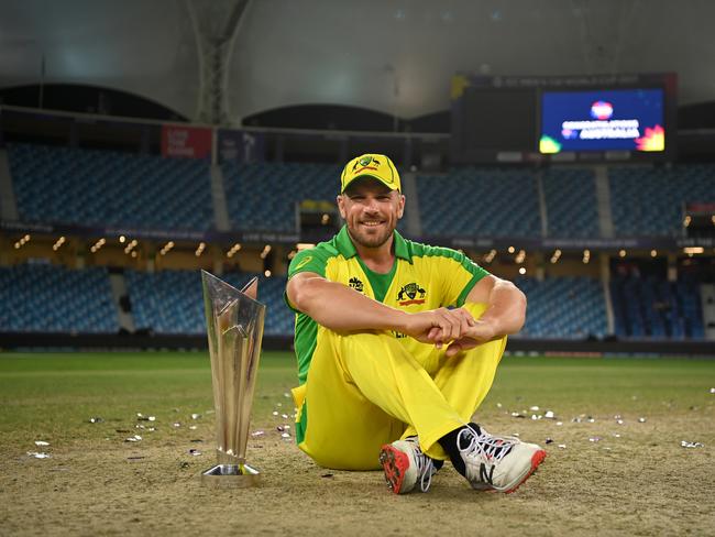Aaron Finch captained the team to victory in the 2021 ICC T20 World Cup but is struggling to retain his spot for the 2022 edition. Picture: Gareth Copley-ICC/ICC via Getty Images