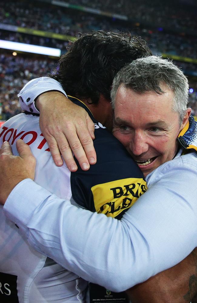 Paul Green and Jonathan Thurston celebrating the 2015 NRL premiership. Picture: Brett Costello