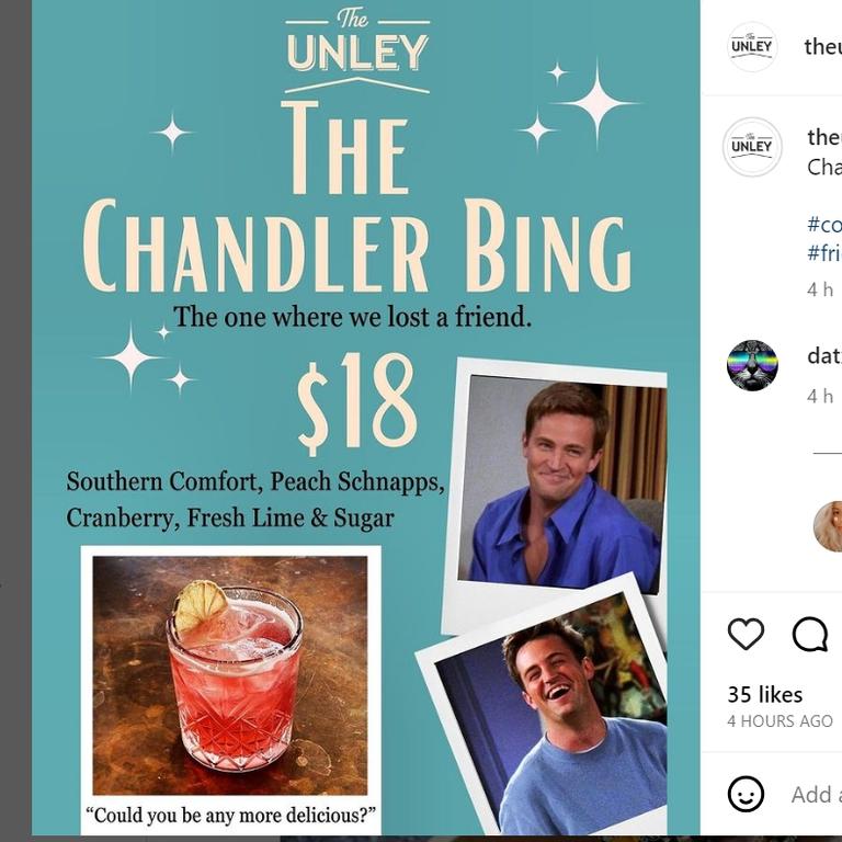 The Unley faced criticism for an $18 cocktail named ‘Chandler Bing’ in tribute to the late Friends star, Matthew Perry, who recently passed away at his Los Angeles home. Picture: Instagram