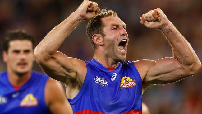 Travis Cloke’s first double-python celebration as a Bulldog. Picture: Getty