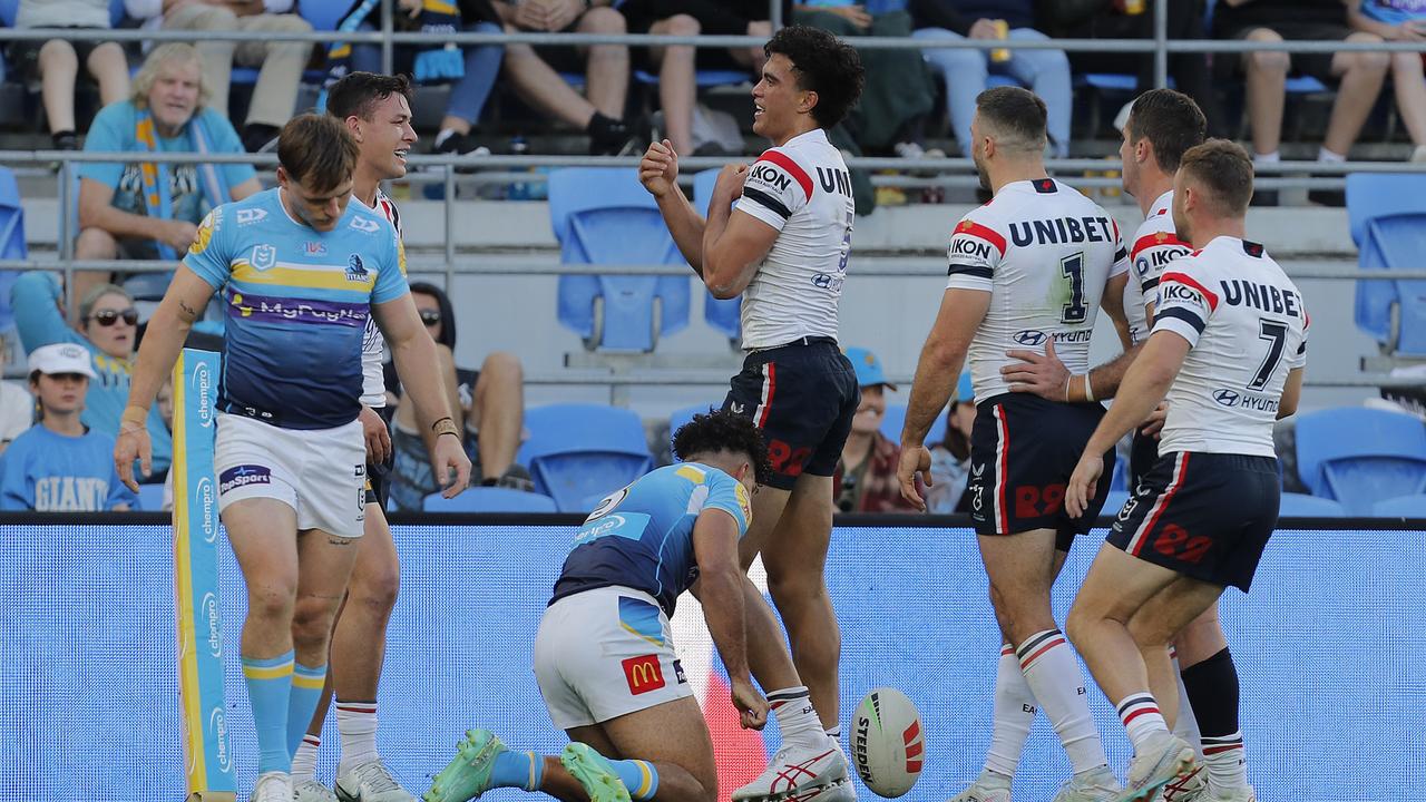 GOLD COAST, AUSTRALIA - JULY 22: Joseph Suaalii of Roosters reacts after scoring a try during the Round 21. Getty