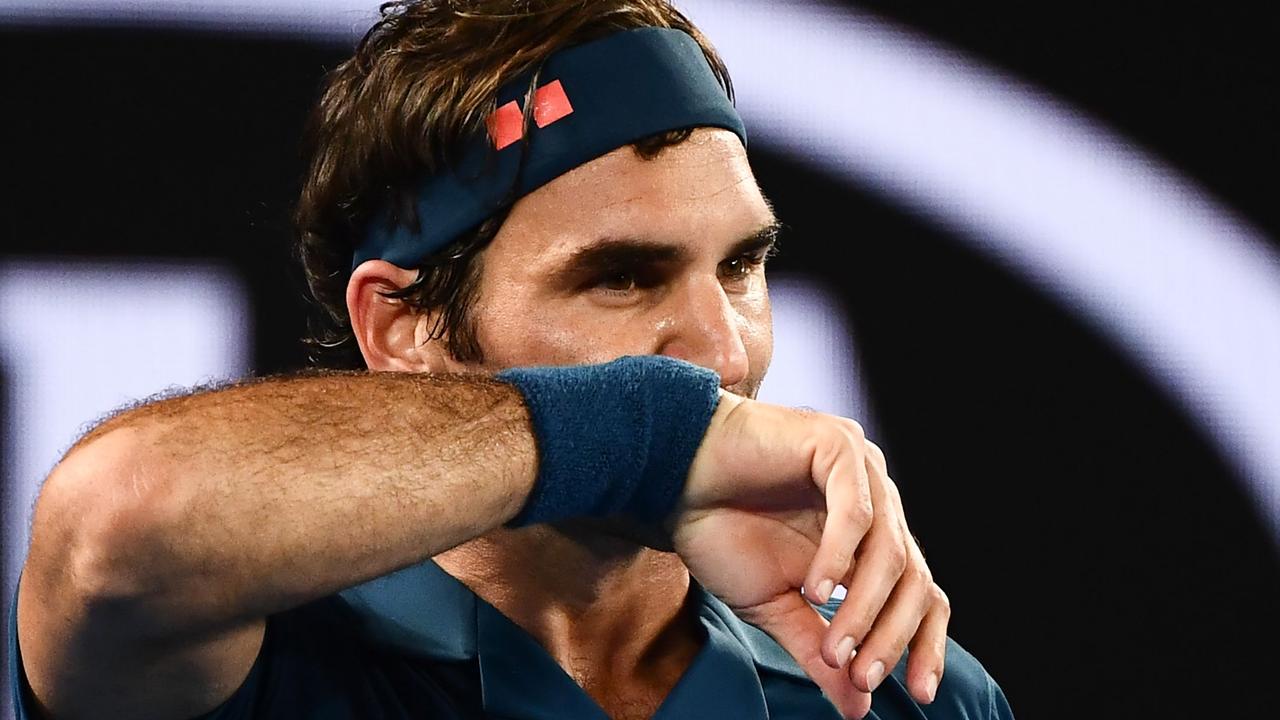 Switzerland's Roger Federer reacts after a point against Greece's Stefanos Tsitsipas.