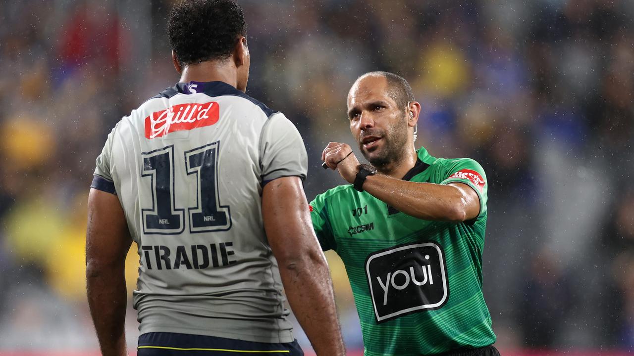 SYDNEY, AUSTRALIA - MARCH 18: Referee Ashley Klein places Felise Kaufusi of the Storm on report for a tackle on Ryan Matterson of the Eels during the round two NRL match between the Parramatta Eels and the Melbourne Storm at Bankwest Stadium on March 18, 2021, in Sydney, Australia. (Photo by Cameron Spencer/Getty Images)