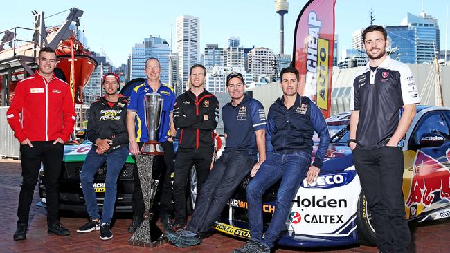 Supercars drivers (L-R) Scott McLaughlin, Chaz Mostert, Steve Richards, David Reynolds, Craig Lowndes, Jamie Whincup and Scott Pye at the Bathurst 1000. Picture: Tim Hunter