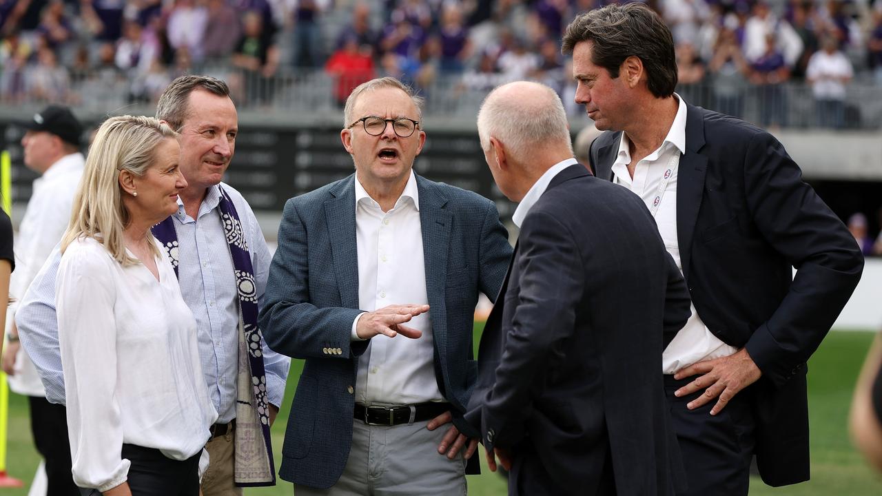 Australian PM Anthony Albanese speaks with Gillon McLachlan, WA Premier Mark McGowan, and Richard Goyder last week. Picture: Will Russell/AFL Photos via Getty Images